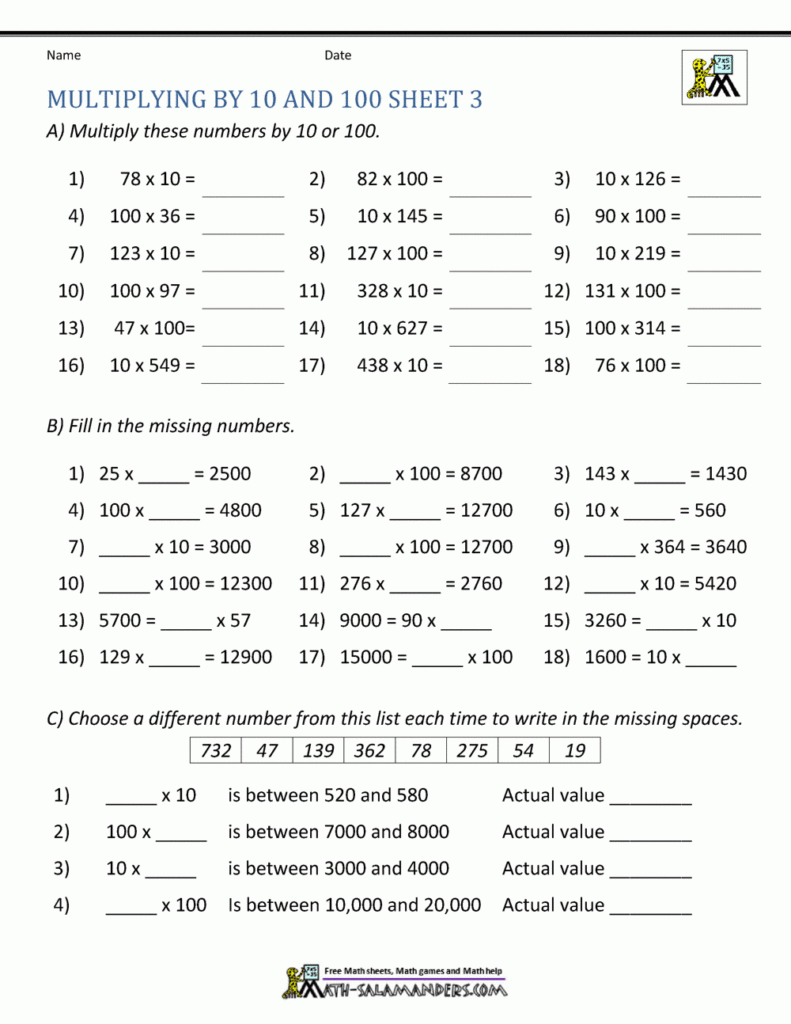 Multiplying By 10 And 100 Worksheets