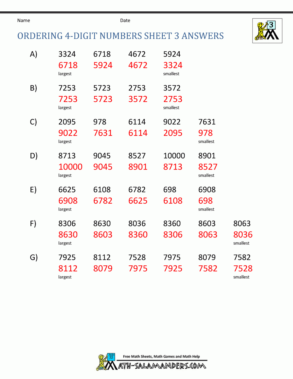 Ordering 4 Digit Numbers Worksheets 3rd Grade Ordering 4 Digit Numbers Worksheets 3rd Grade