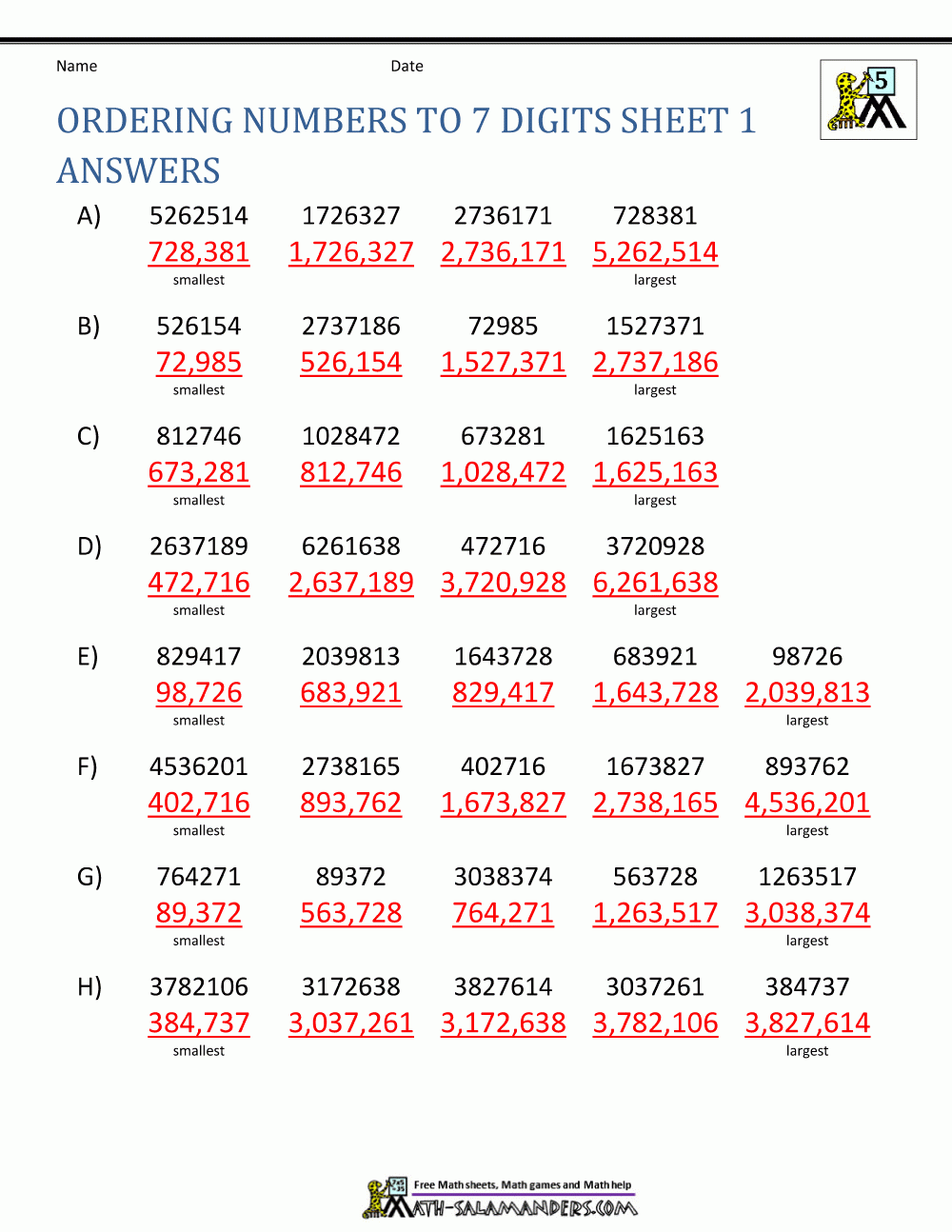 Ordering Large Numbers 5th Grade