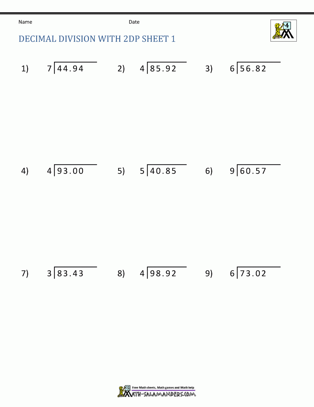 Printable Dividing Decimals Worksheets