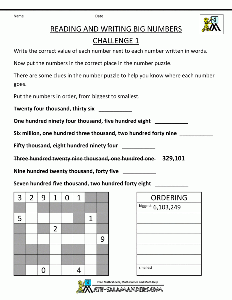 Reading And Writing Large Numbers Worksheets