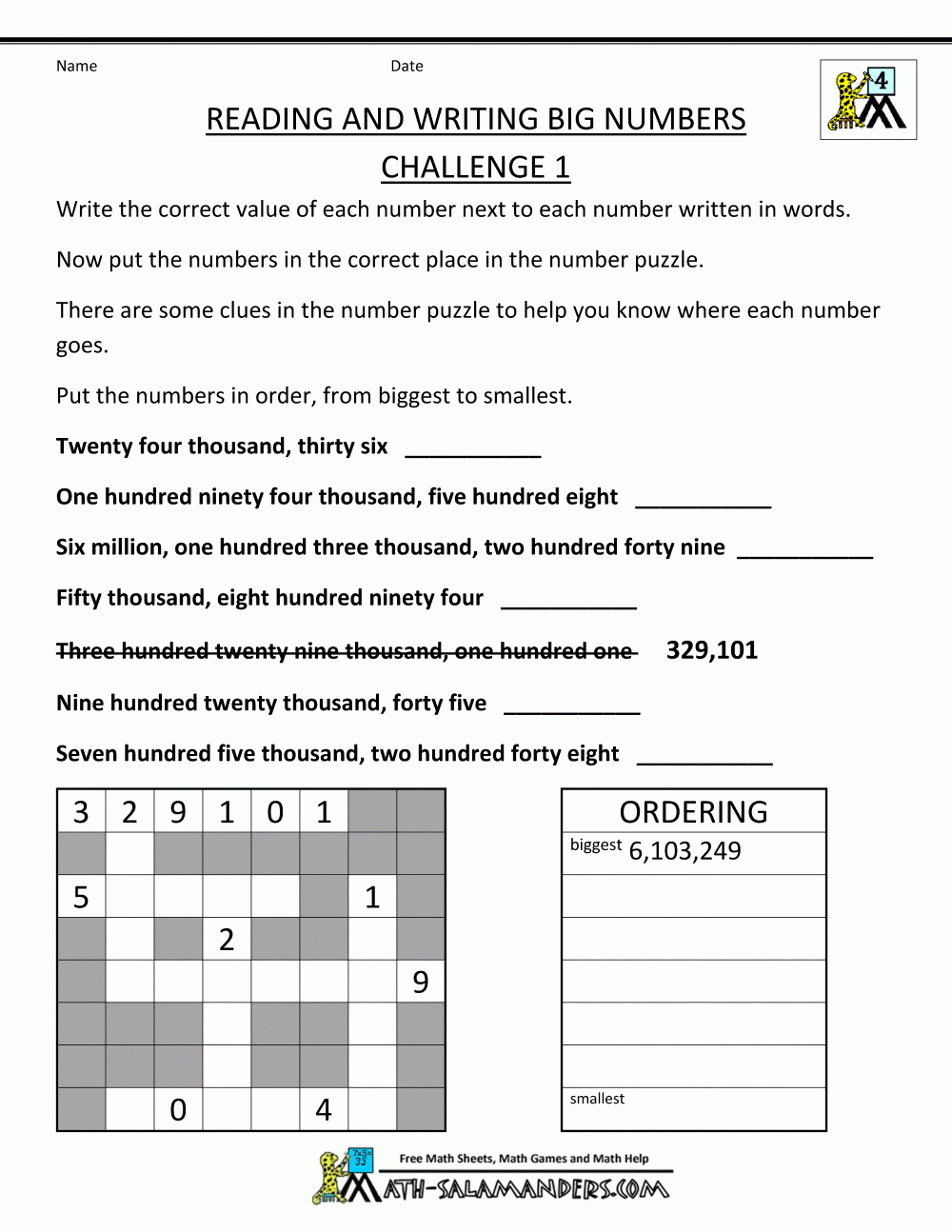 Reading And Writing Large Numbers Worksheets