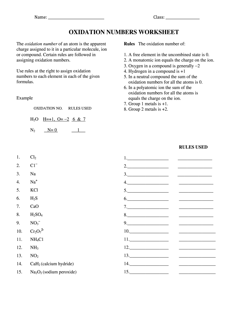 Worksheet Oxidation Numbers Answer Key