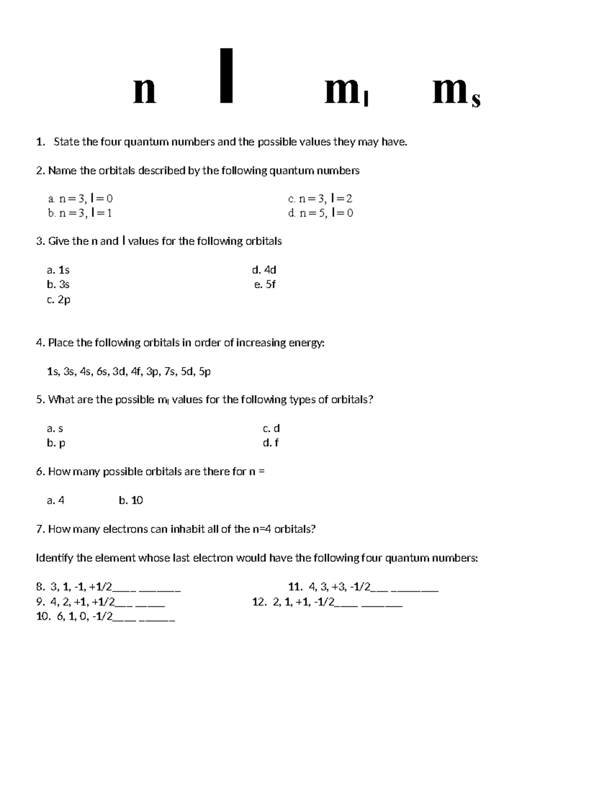 1 5 1 Quantum Numbers Worksheet KEY N L Ml Ms State The Four Quantum 