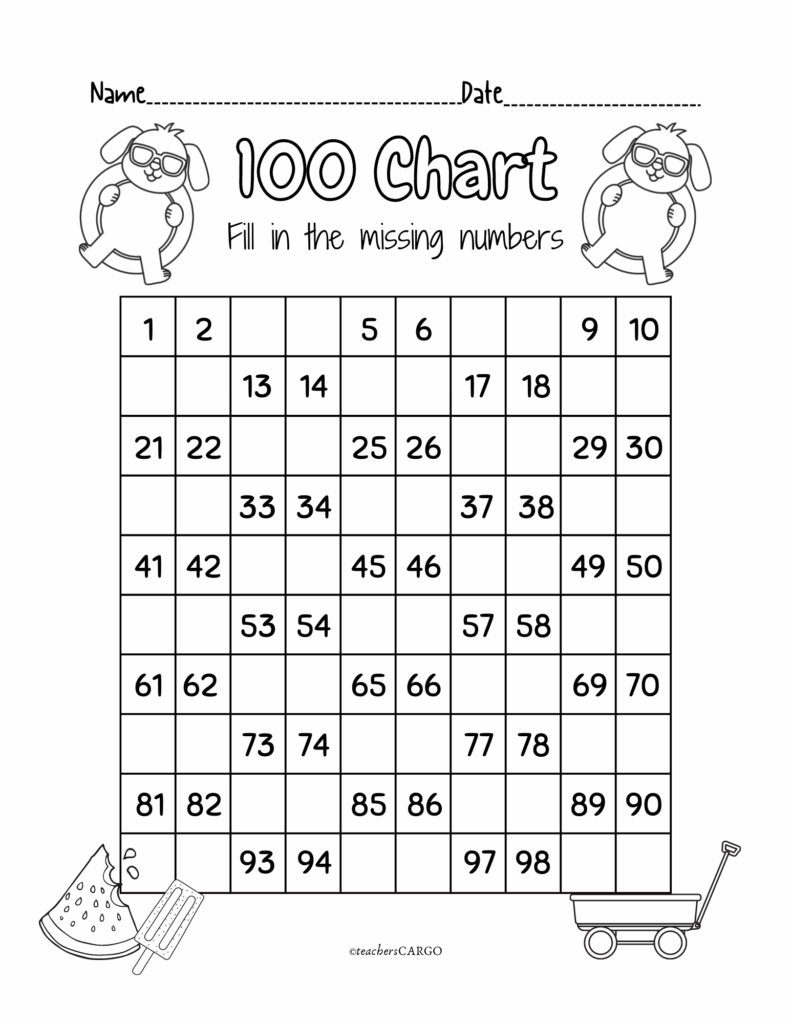 100 Chart Missing Number Fill In The Missing Numbers Worksheet Made 
