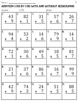 2 Digit Plus 1 Digit Addition With And Without Regrouping Worksheets