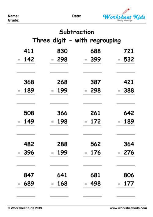 3 Digit Subtraction With Regrouping Worksheets For 2nd And 3rd Grade PDF