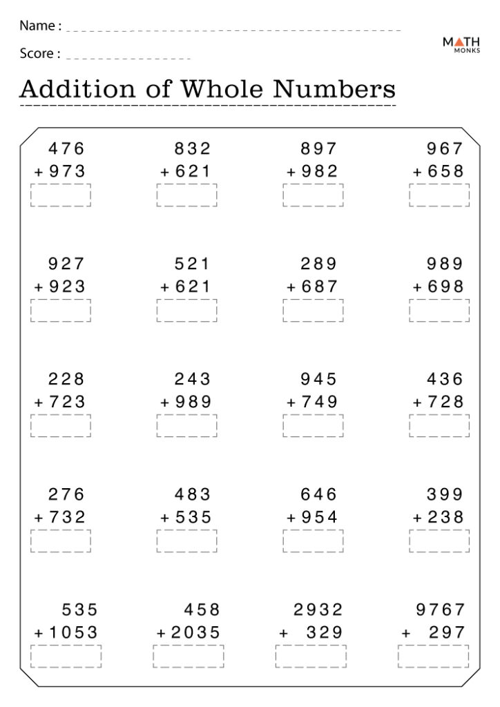 4th Grade Addition Worksheets With Answer Key