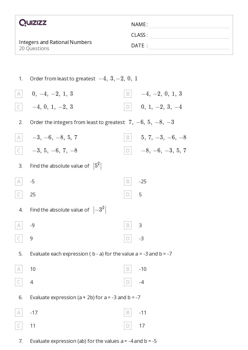 50 Integers And Rational Numbers Worksheets For 7th Grade On 