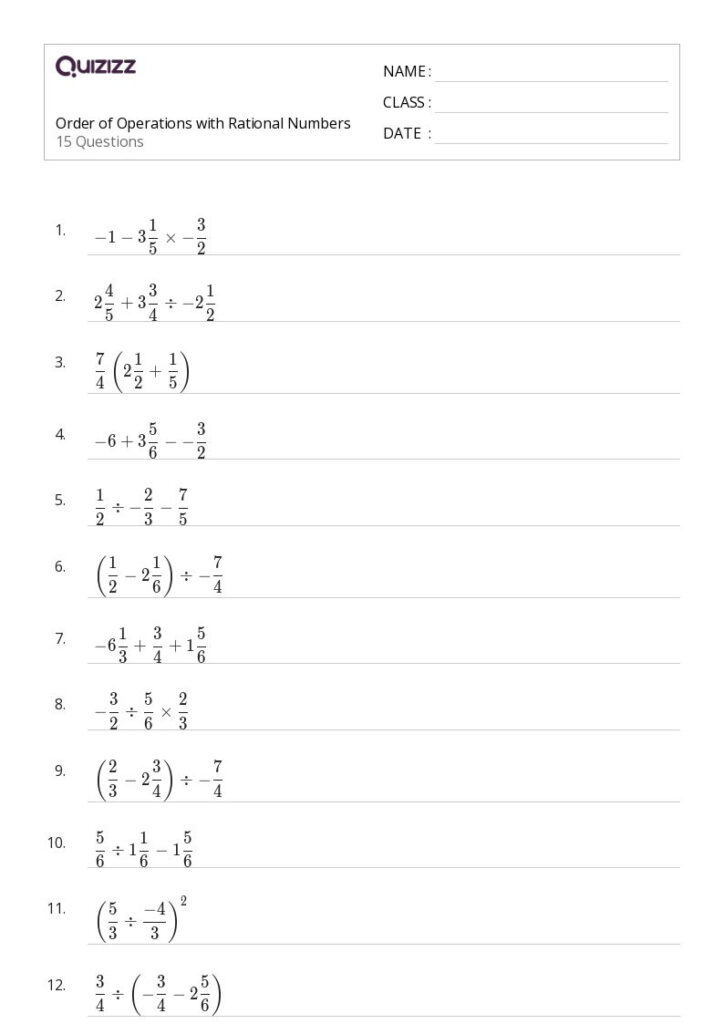 50 Operations With Rational Numbers Worksheets For 7th Year On