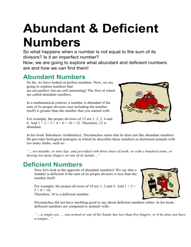 Abundant Deficient Numbers Worksheet