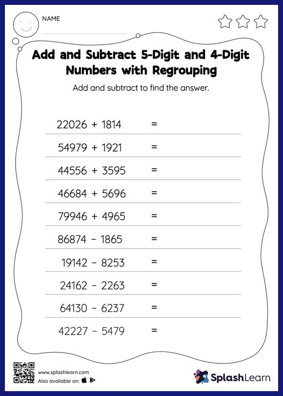 Add And Subtract 5 Digit And 4 Digit Numbers With Regrouping 