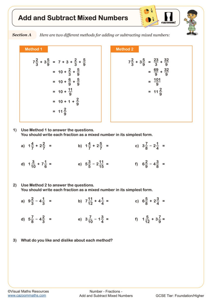 Add And Subtract Mixed Numbers Worksheet Printable PDF For Year 8 