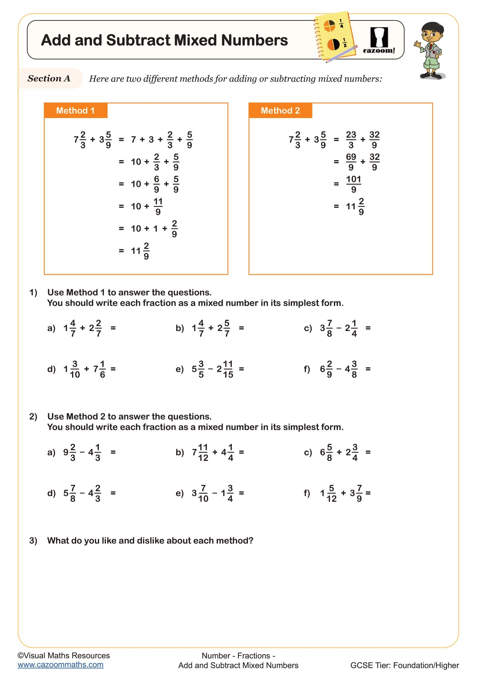 Add And Subtract Mixed Numbers Worksheet Printable PDF For Year 8 
