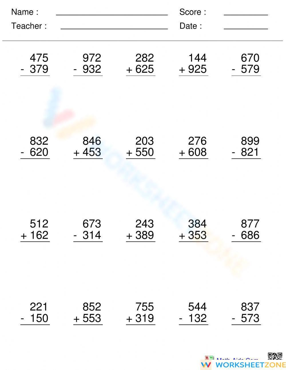 Add And Subtract Multi Digit Whole Numbers With Regrouping Worksheet