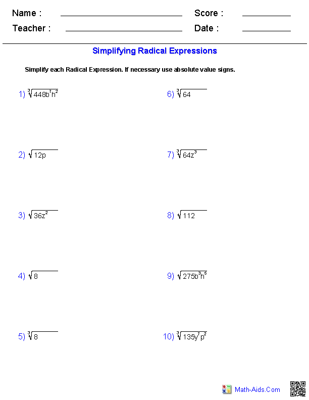 Add And Subtract Radicals Worksheet