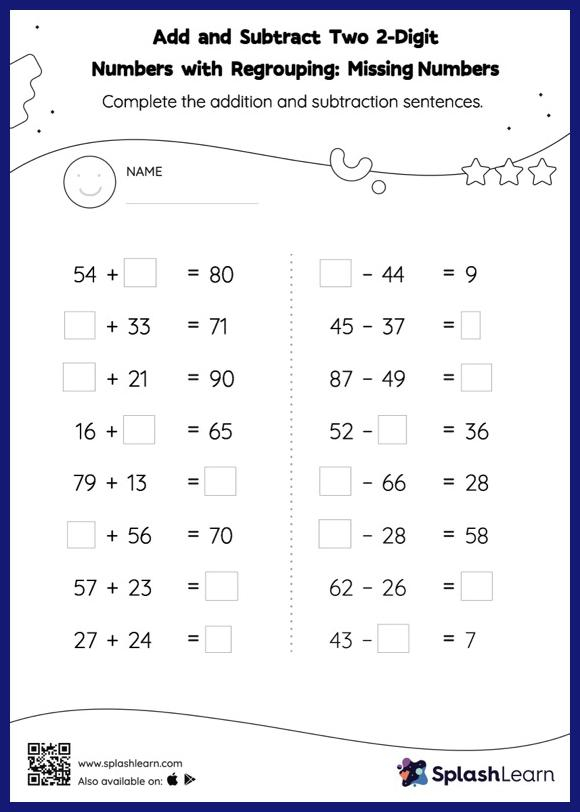 Add And Subtract Two 2 Digit Numbers With Regrouping Missing Numbers