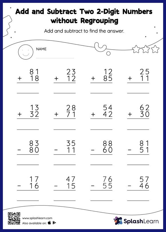 Add And Subtract Two 2 Digit Numbers Without Regrouping Vertical 