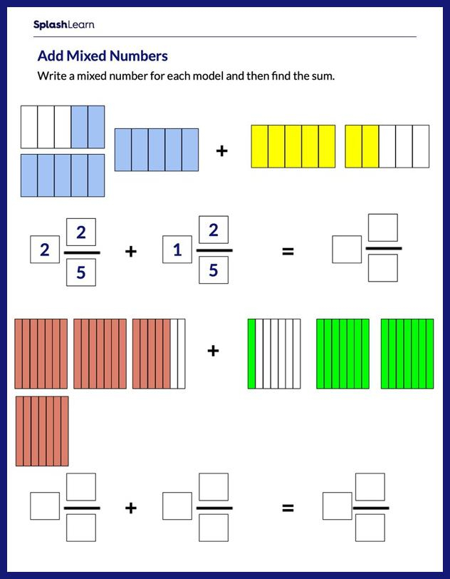 Add Mixed Numbers Using Models Worksheets Free Printable SplashLearn