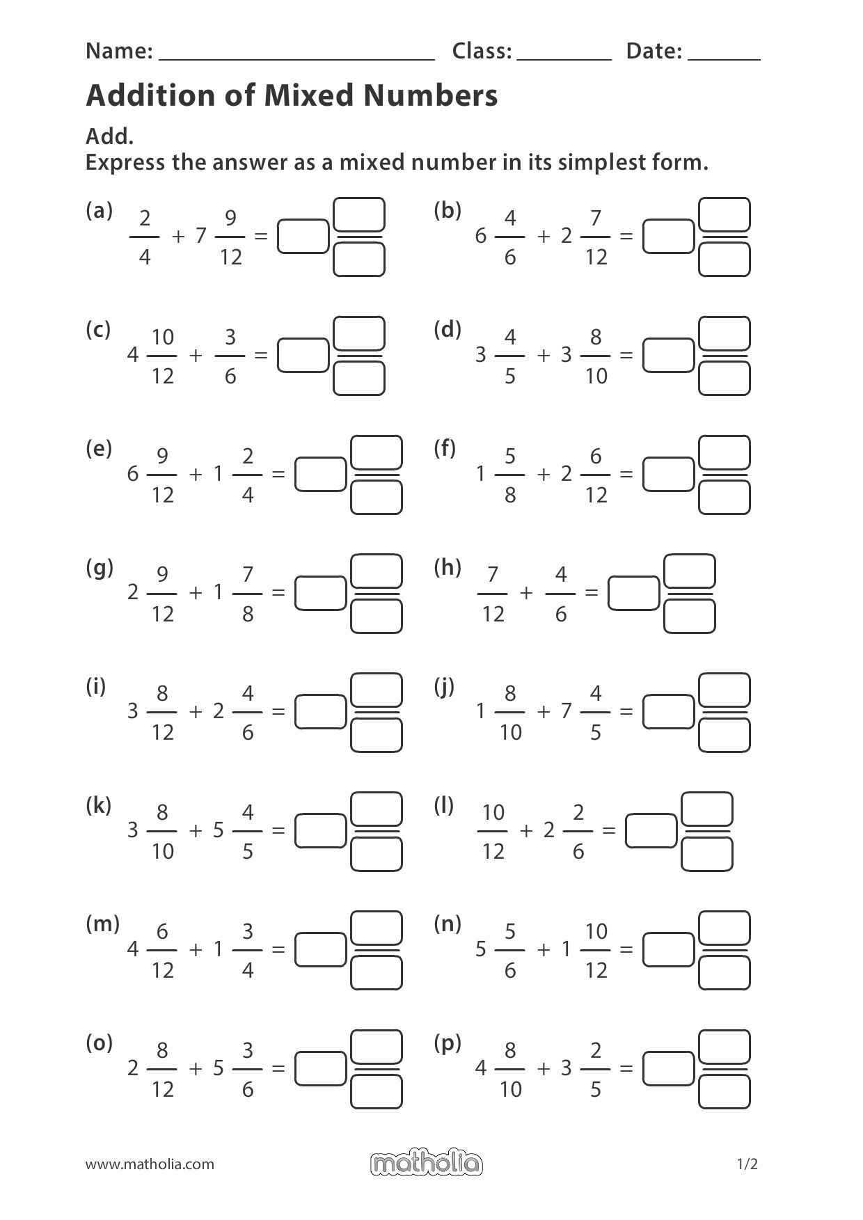 Add Mixed Numbers Worksheets Fractions Denominators Addition