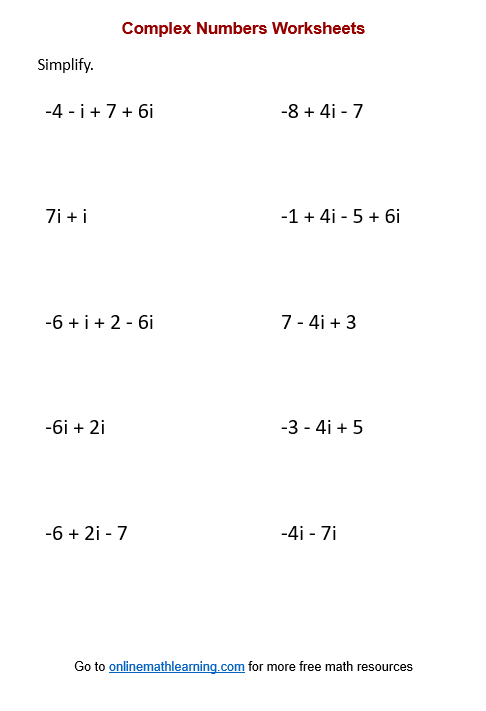 Add Subtract Complex Number Worksheets printable Online Answers 