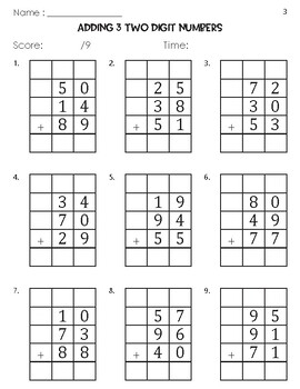 Adding 3 Two Digit Numbers With Grid Worksheets By Owl School Studio