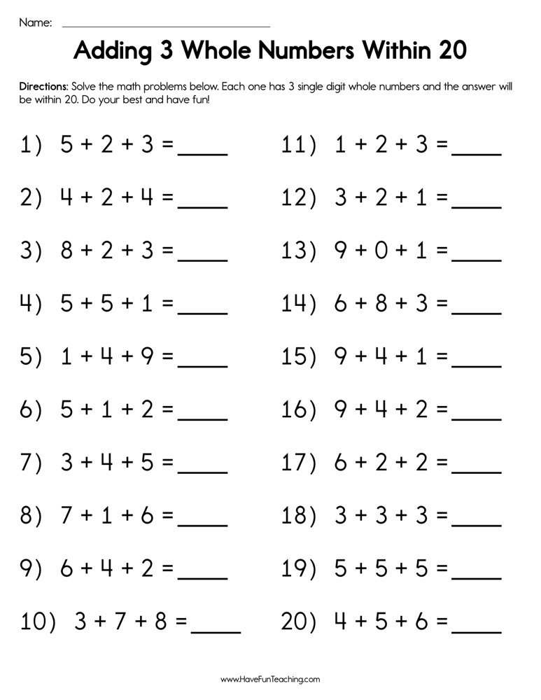 Adding 3 Whole Numbers Within 20 Worksheet Have Fun Teaching