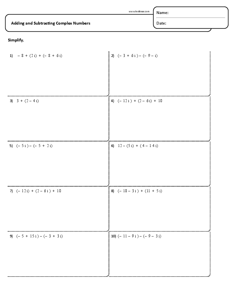 Adding And Subtracting Complex Numbers Worksheet Intermediate Algebra 