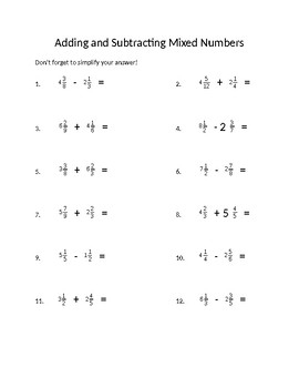 Adding And Subtracting Mixed Numbers Worksheet By Mrs R 4th TPT