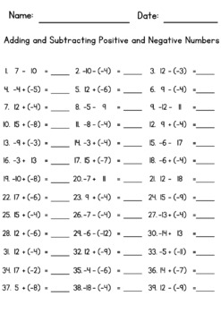Adding And Subtracting Positive And Negative Numbers Worksheets TPT