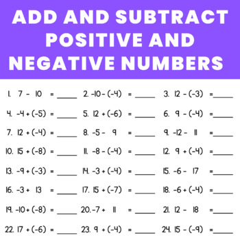 Adding And Subtracting Positive And Negative Numbers Worksheets TPT