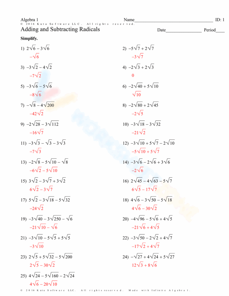 Adding And Subtracting Radicals Worksheet Practice Problems And Solutions