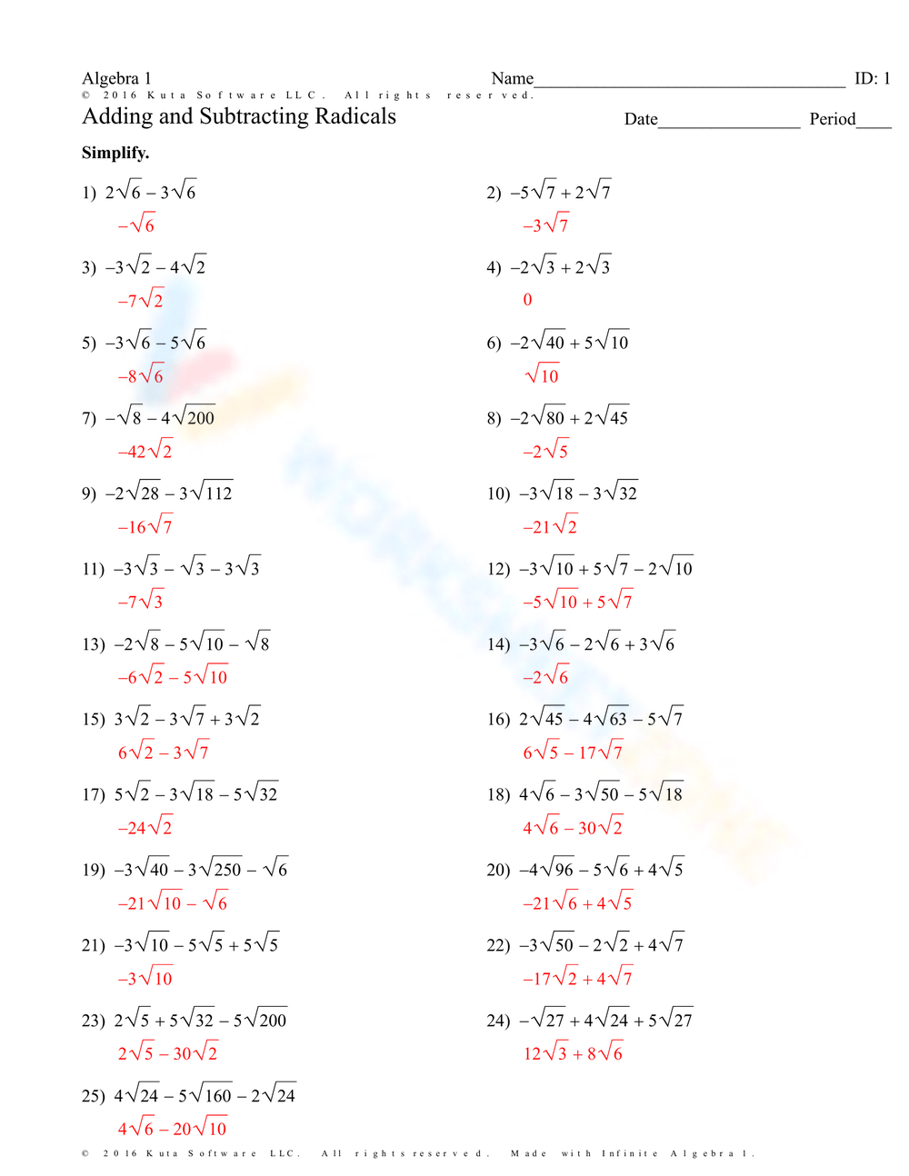 Adding And Subtracting Radicals Worksheet Practice Problems And Solutions
