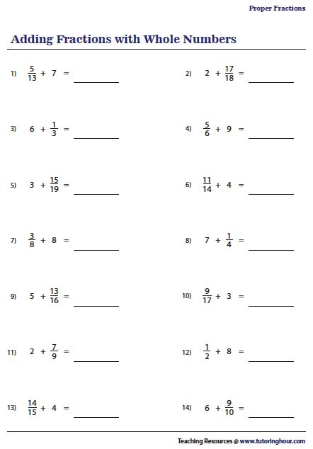 Adding Fractions With Whole Numbers Worksheets