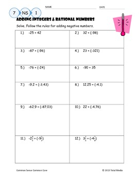 Adding Integers Rational Numbers Worksheet By April Langelett TPT