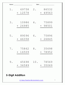 Adding Large Numbers Worksheets