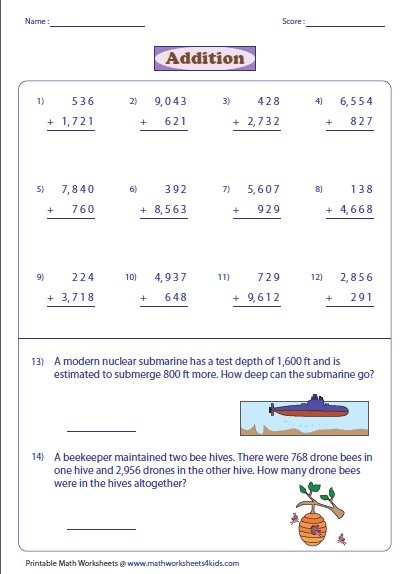 Adding Large Numbers Worksheets