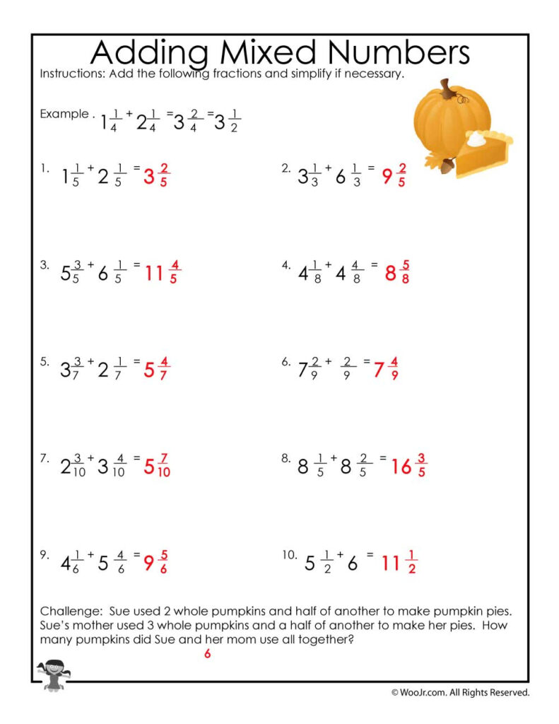Adding Mixed Numbers Worksheet ANSWERS Woo Jr Kids Activities 