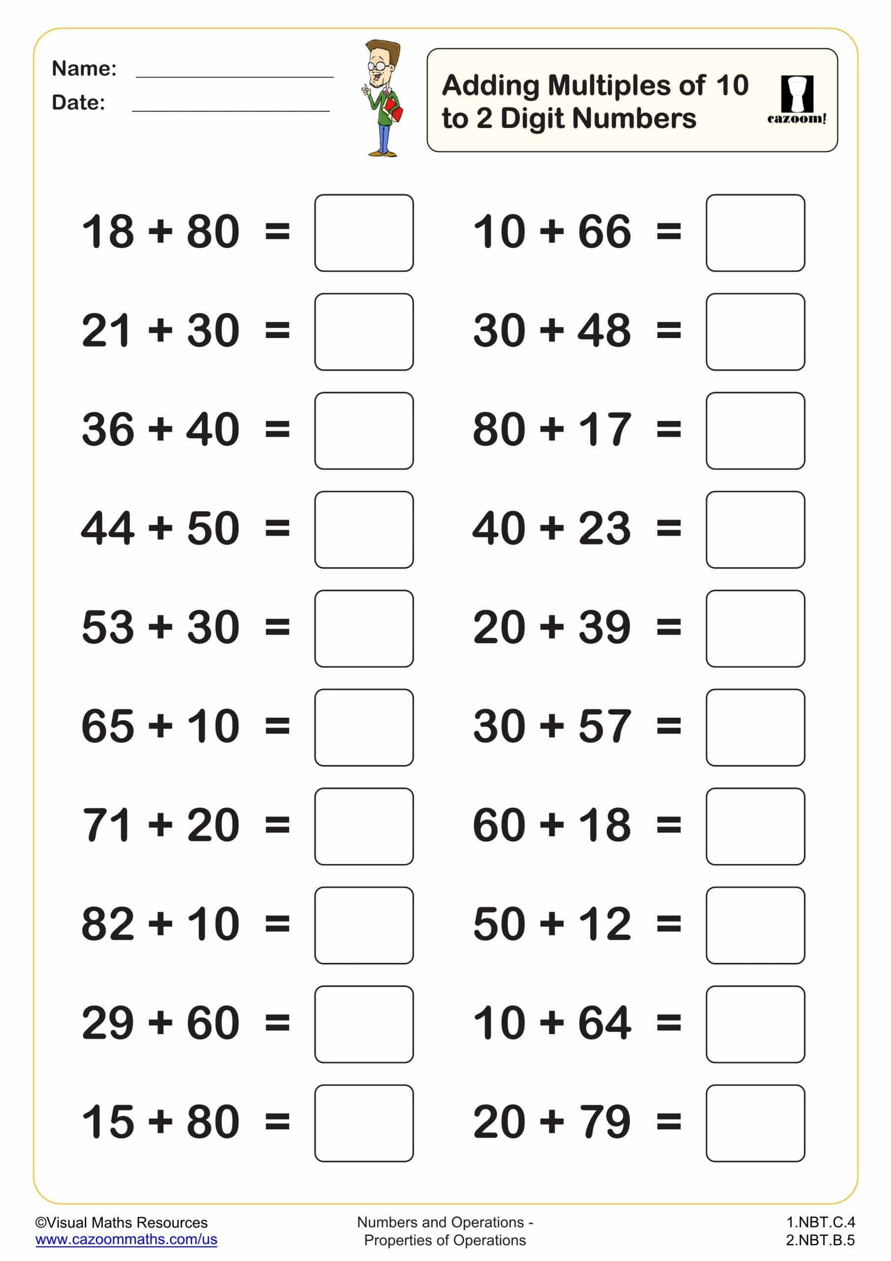 Adding Mulitples Of 10 To A 2 Digit Number 20 Questions PDF 