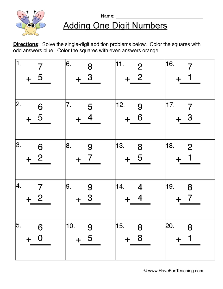 Adding One Digit Numbers Worksheet By Teach Simple