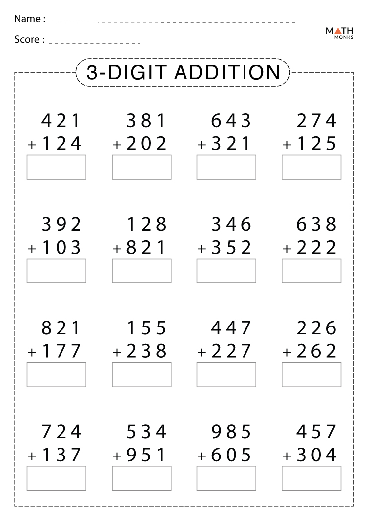 Adding Three Digits Worksheets