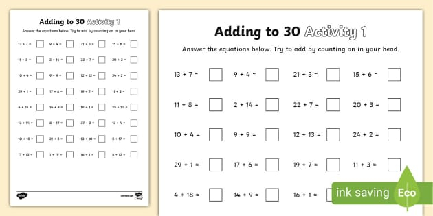  Adding To 30 Activity Sheet 1 Addition To 30 Twinkl