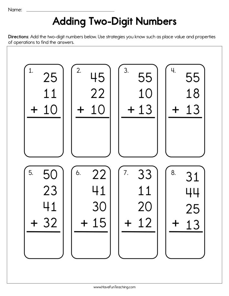 Adding Two Digit Numbers Multiple Addends Worksheet By Teach Simple