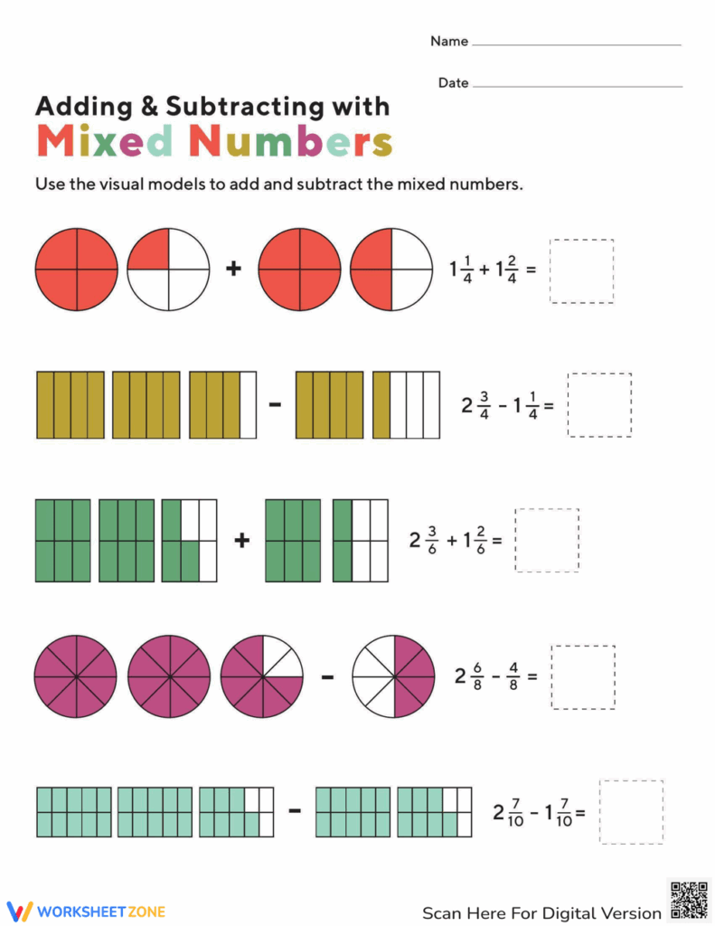 Addition And Subtraction Mixed Numbers Worksheet