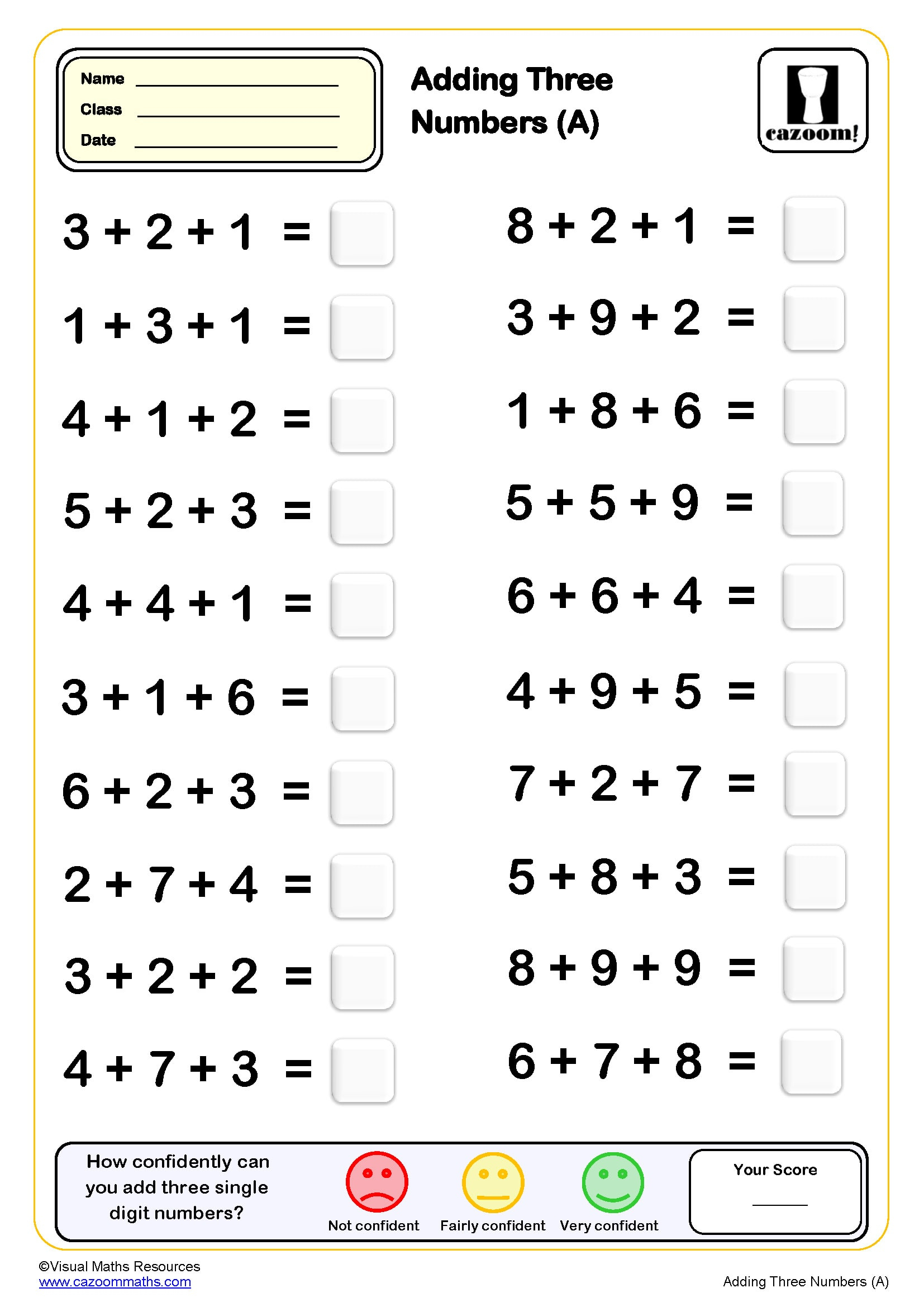 Addition Drills With Three Numbers Worksheet A PDF Printable 