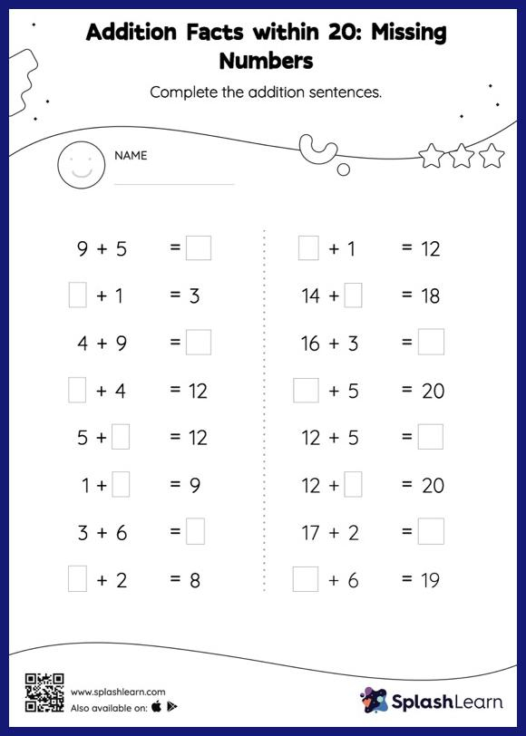 Addition Facts Within 20 Missing Numbers Math Worksheets SplashLearn