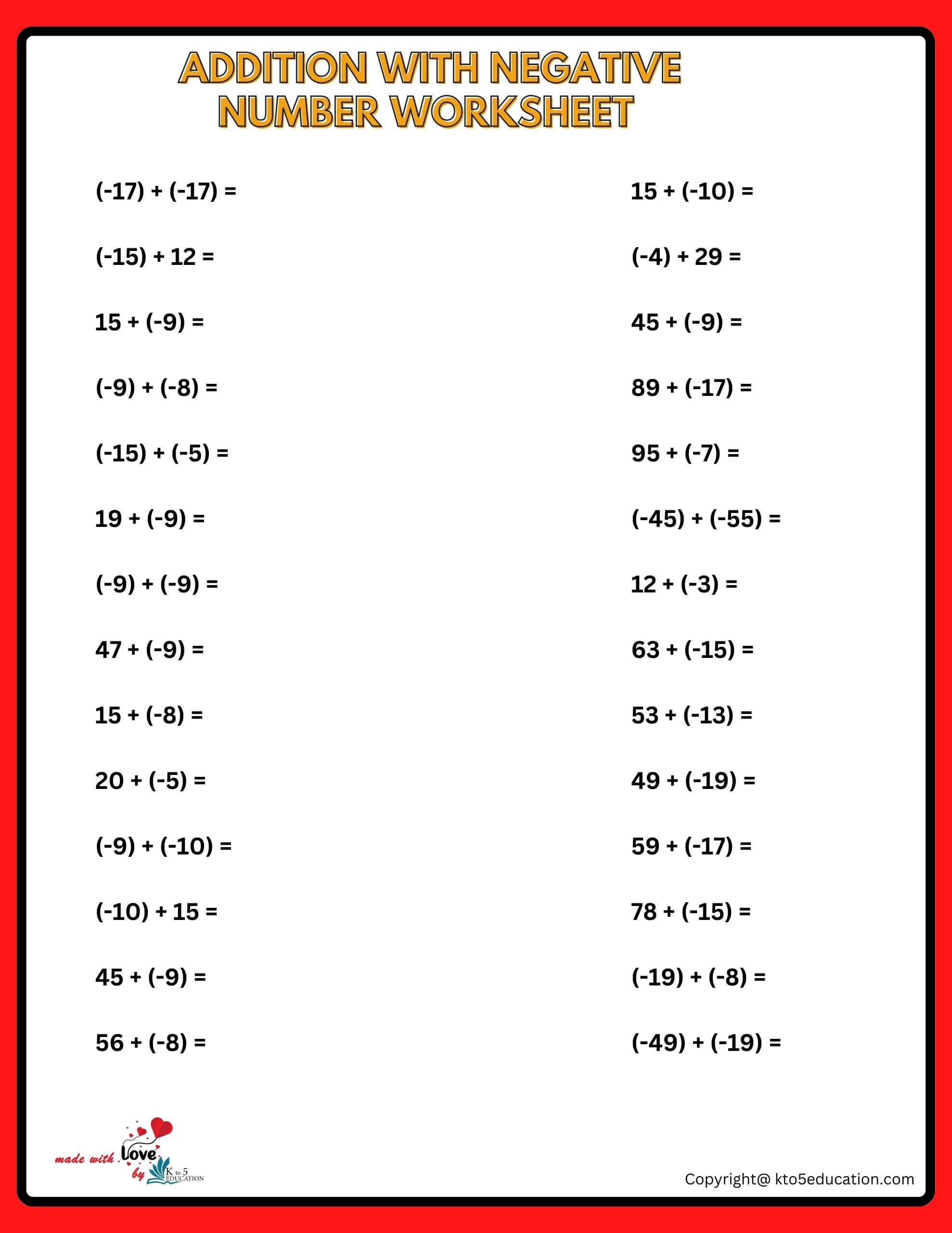Addition Of Negative Numbers Worksheets FREE Download Check More At Addition Of Negative Numbers Worksheets FREE Download Check More At