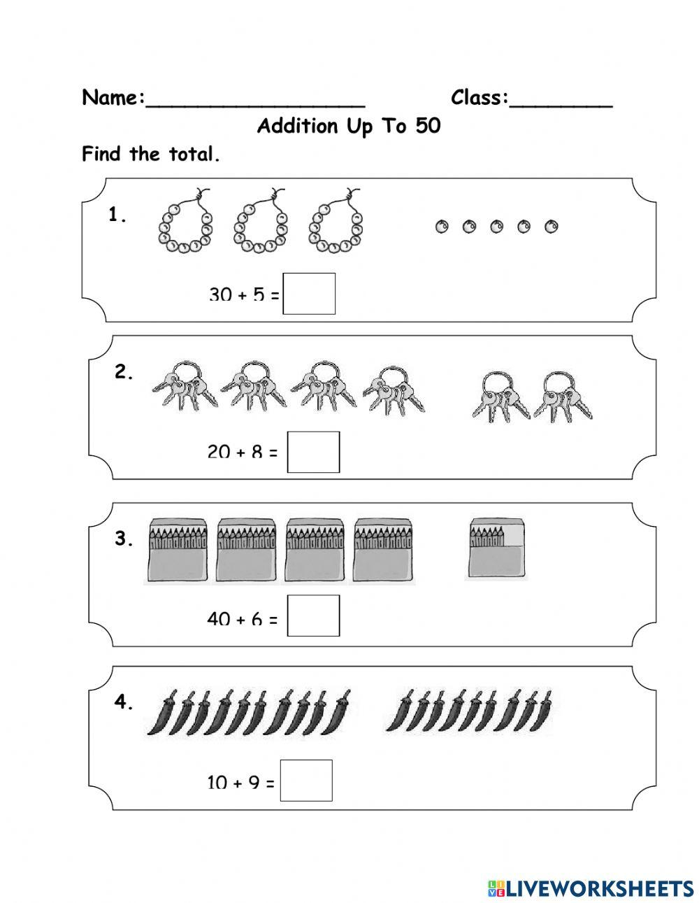 Addition Of Numbers Up To 50 Worksheet Live Worksheets Worksheets 