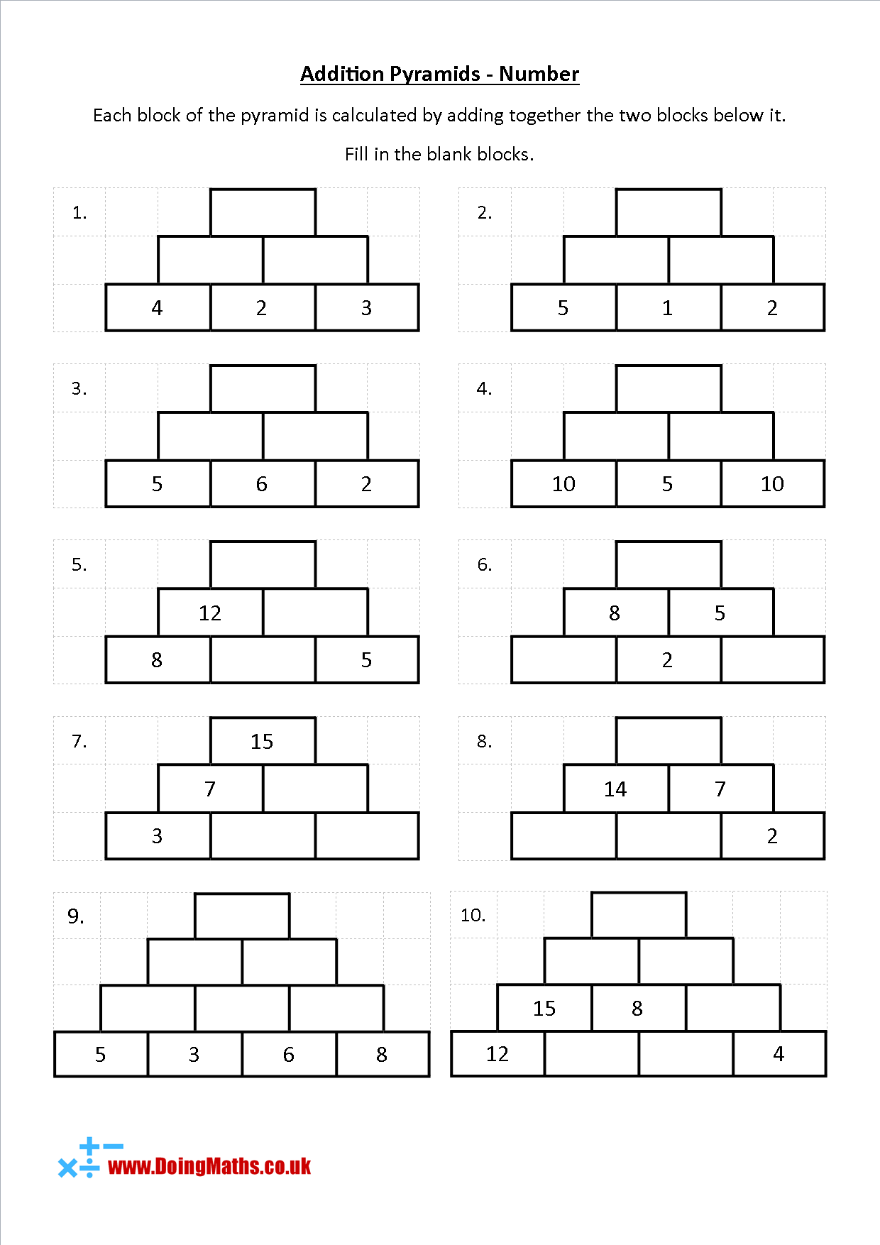 Addition Pyramids Free Maths Worksheet Free Math Worksheets 