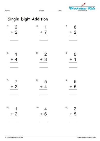 Addition Single Digit Numbers Free Printable Pdf Worksheets Kids